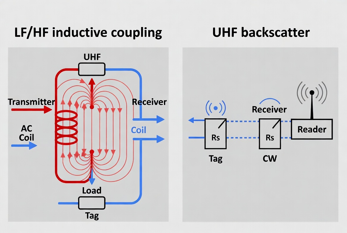 Comparison diagram of LF HF inductive coupling vs UHF backscatter radio frequency physics Comparison diagram of LF HF inductive coupling vs UHF backscatter radio frequency physics