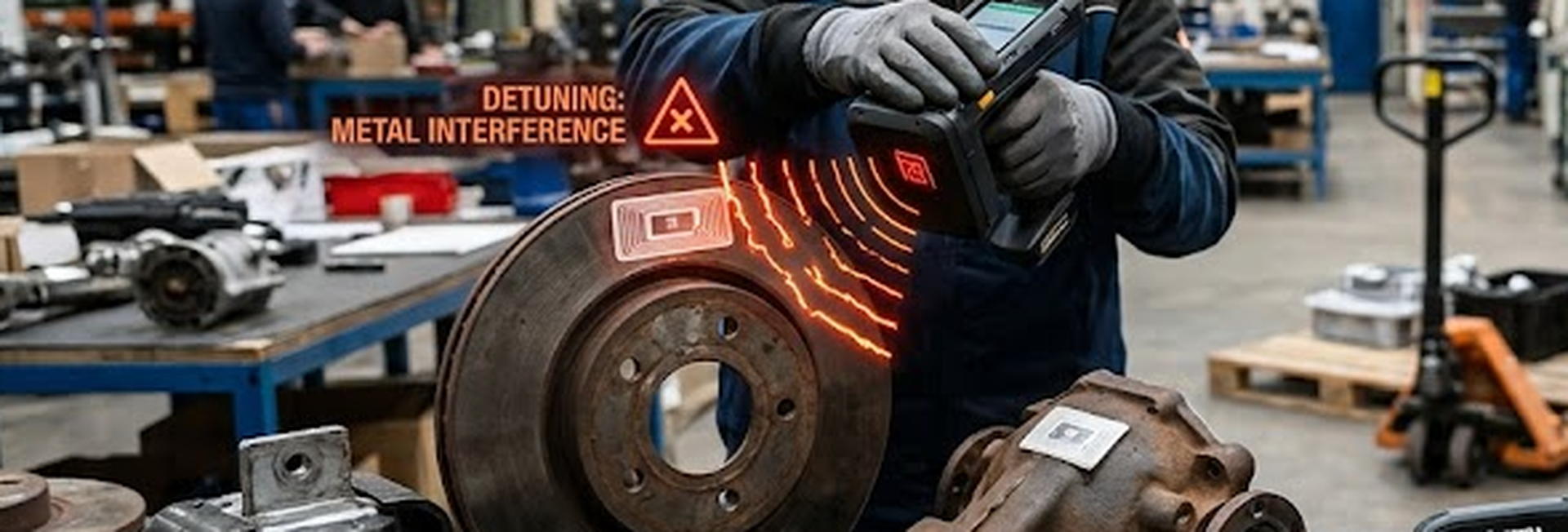 UHF RFID tags applied to metal automotive parts and liquid containers showing interference effects UHF RFID tags applied to metal automotive parts and liquid containers showing interference effects