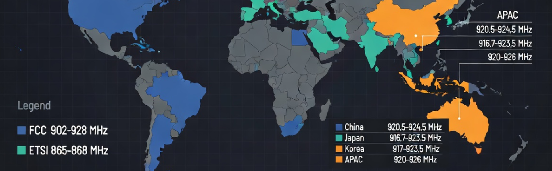 Global UHF RFID frequency allocation map showing regional differences between FCC ETSI and APAC standards Global UHF RFID frequency allocation map showing regional differences between FCC ETSI and APAC standards