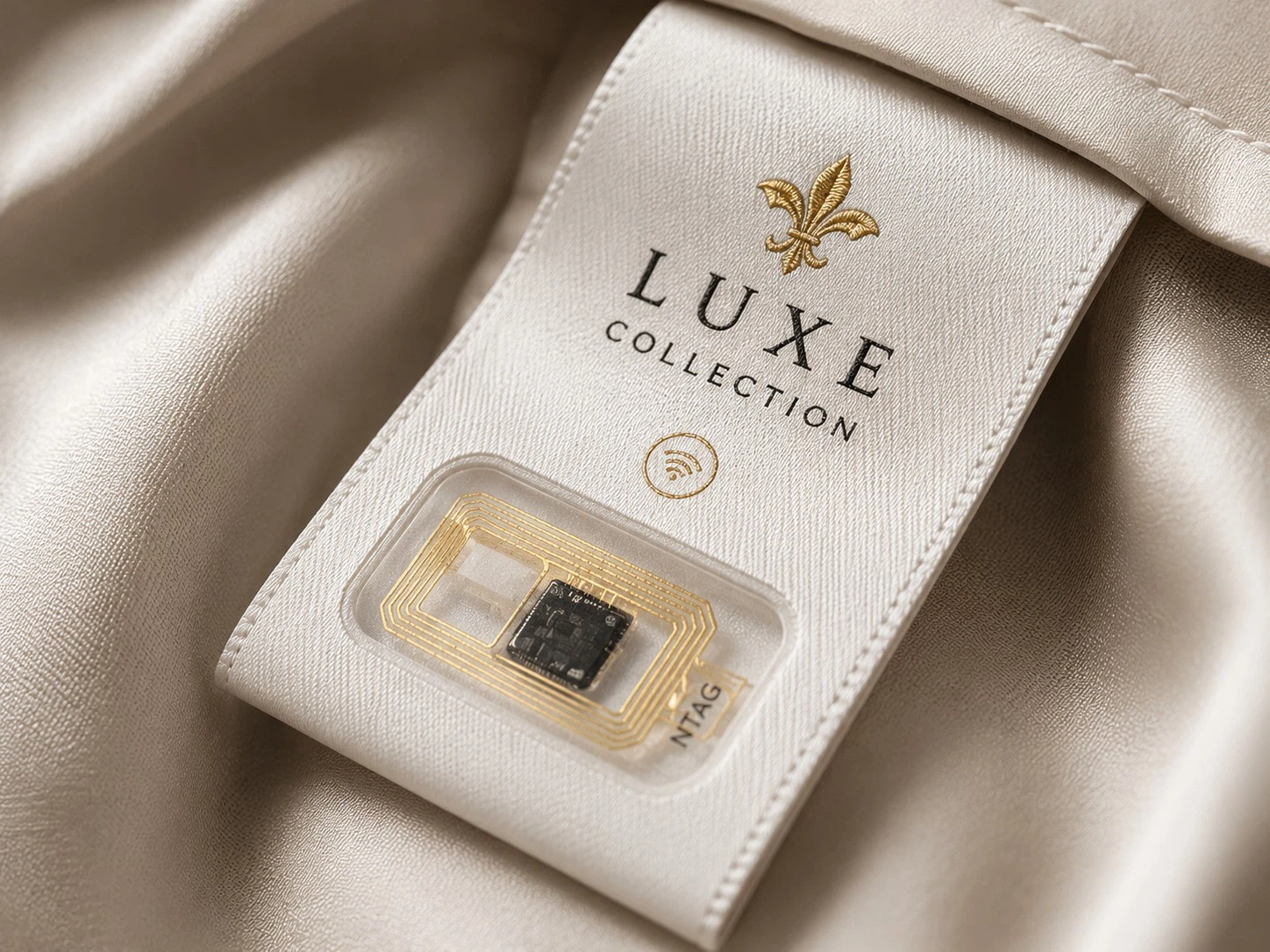 CLose-up of a premium clothing smart label with an embedded NTAG chip visible through fabric, luxury garment technology CLose-up of a premium clothing smart label with an embedded NTAG chip visible through fabric, luxury garment technology