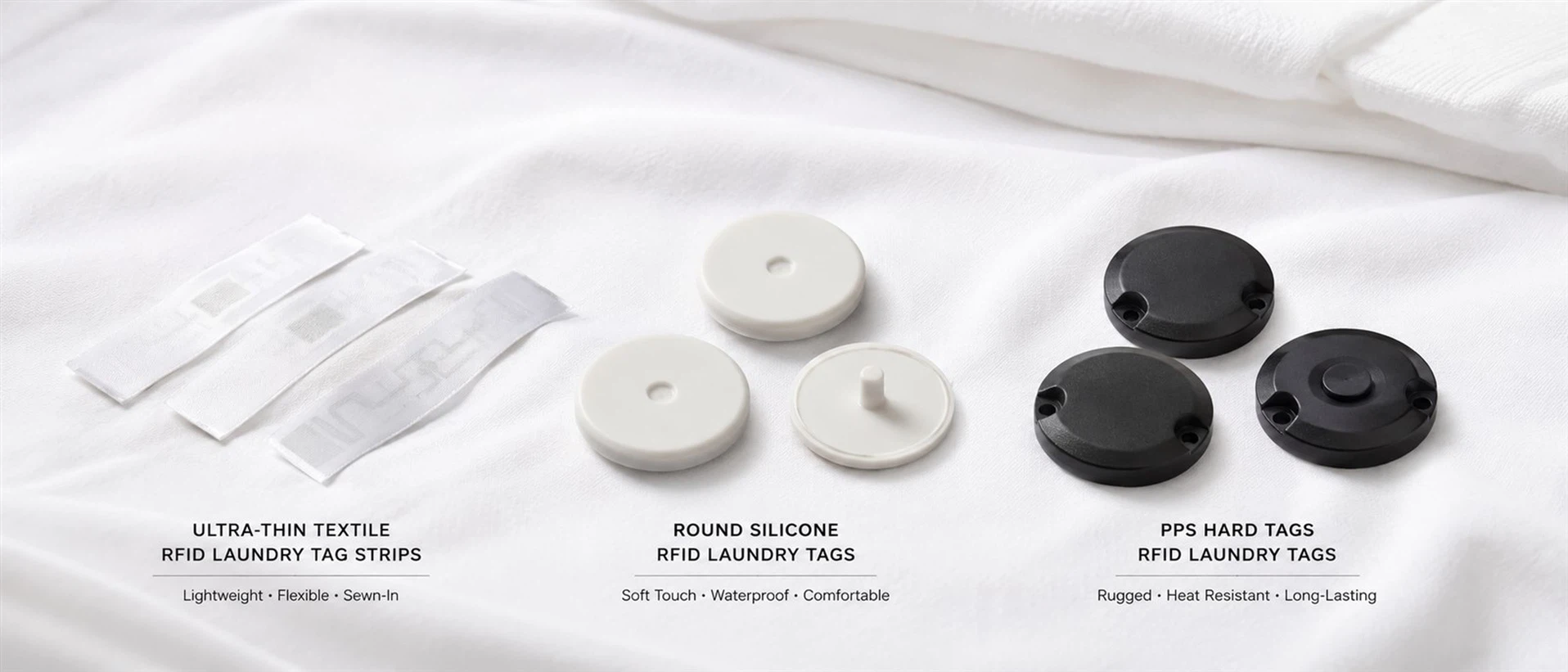 Product photography comparison of ultra-thin textile RFID laundry tag strips, silicone buttons, and dark PPS hard tags on white sheets. Product photography comparison of ultra-thin textile RFID laundry tag strips, silicone buttons, and dark PPS hard tags on white sheets.