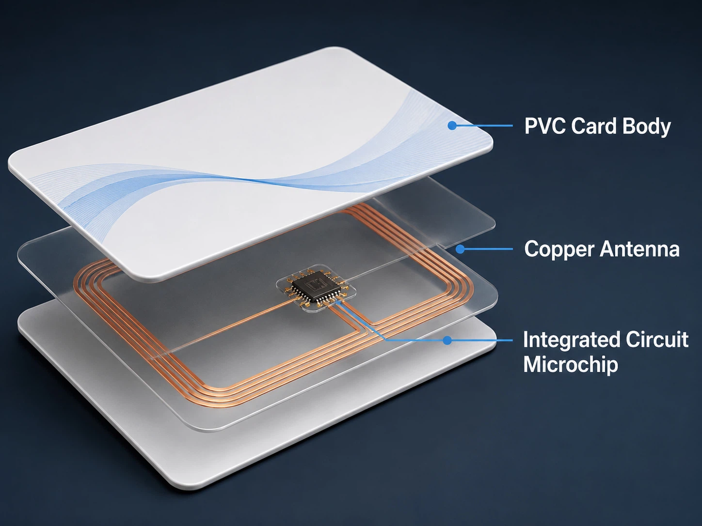 RFID smart card 3D schematic rendering detailing its inner components: flat copper antenna coil and integrated circuit microchip embedded securely in a laminated PVC card body for wireless radio frequency energy harvesting RFID smart card 3D schematic rendering detailing its inner components: flat copper antenna coil and integrated circuit microchip embedded securely in a laminated PVC card body for wireless radio frequency energy harvesting
