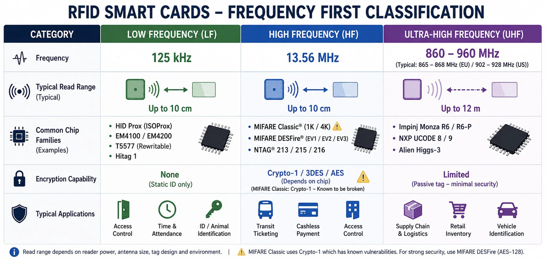 RFID frequency-first classification schema comparing Low Frequency 125kHz, High Frequency 13.56MHz and Ultra-High Frequency 860-960MHz smart cards, detailing typical read range and common chip families like MIFARE Classic, HID Prox and Impinj Monza RFID frequency-first classification schema comparing Low Frequency 125kHz, High Frequency 13.56MHz and Ultra-High Frequency 860-960MHz smart cards, detailing typical read range and common chip families like MIFARE Classic, HID Prox and Impinj Monza
