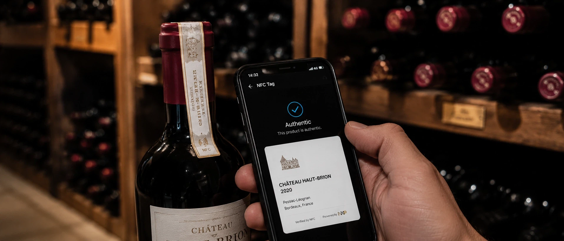 Premium wine bottle collection in cellar storage using tamper-evident neck labels equipped with NFC tags for instant smartphone authenticity verification Premium wine bottle collection in cellar storage using tamper-evident neck labels equipped with NFC tags for instant smartphone authenticity verification