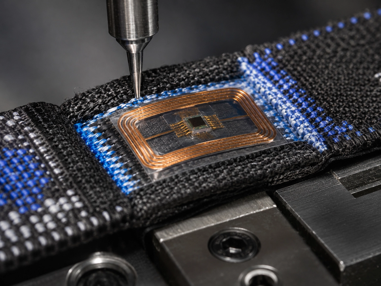 Macro view of a high-frequency RFID chip being integrated into a custom woven wristband core for contactless access and payment, ensuring high reliability for massive event crowds.