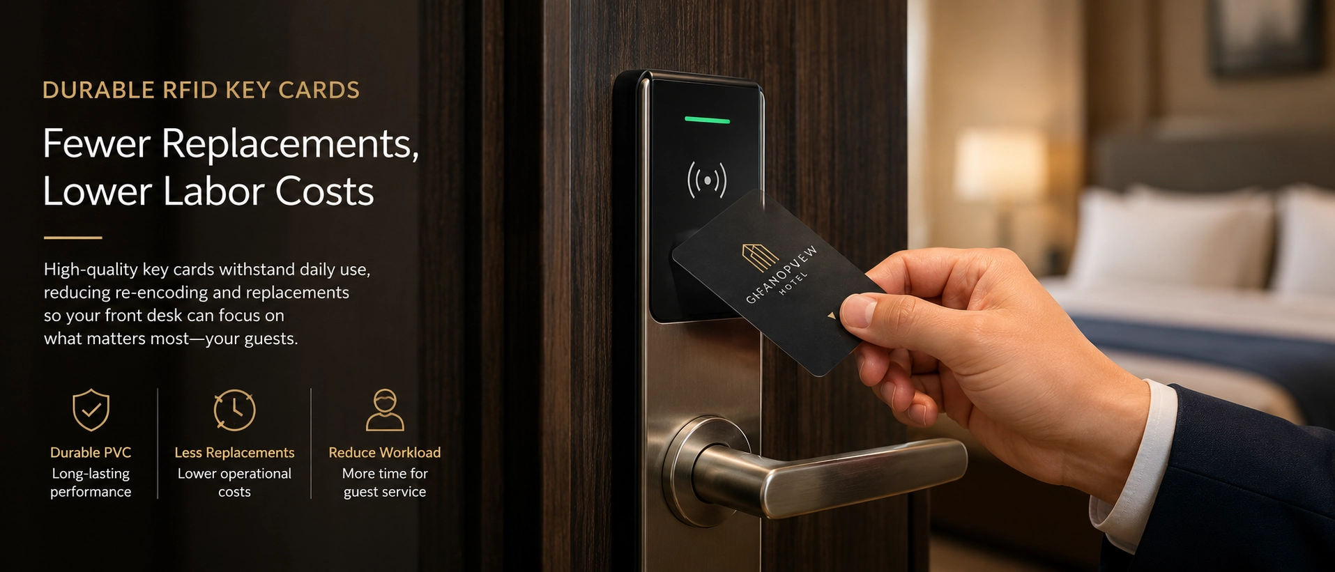 Guest hand using a durable hotel RFID key card on an electronic lock, demonstrating the importance of material quality in reducing front desk labor costs. Guest hand using a durable hotel RFID key card on an electronic lock, demonstrating the importance of material quality in reducing front desk labor costs.