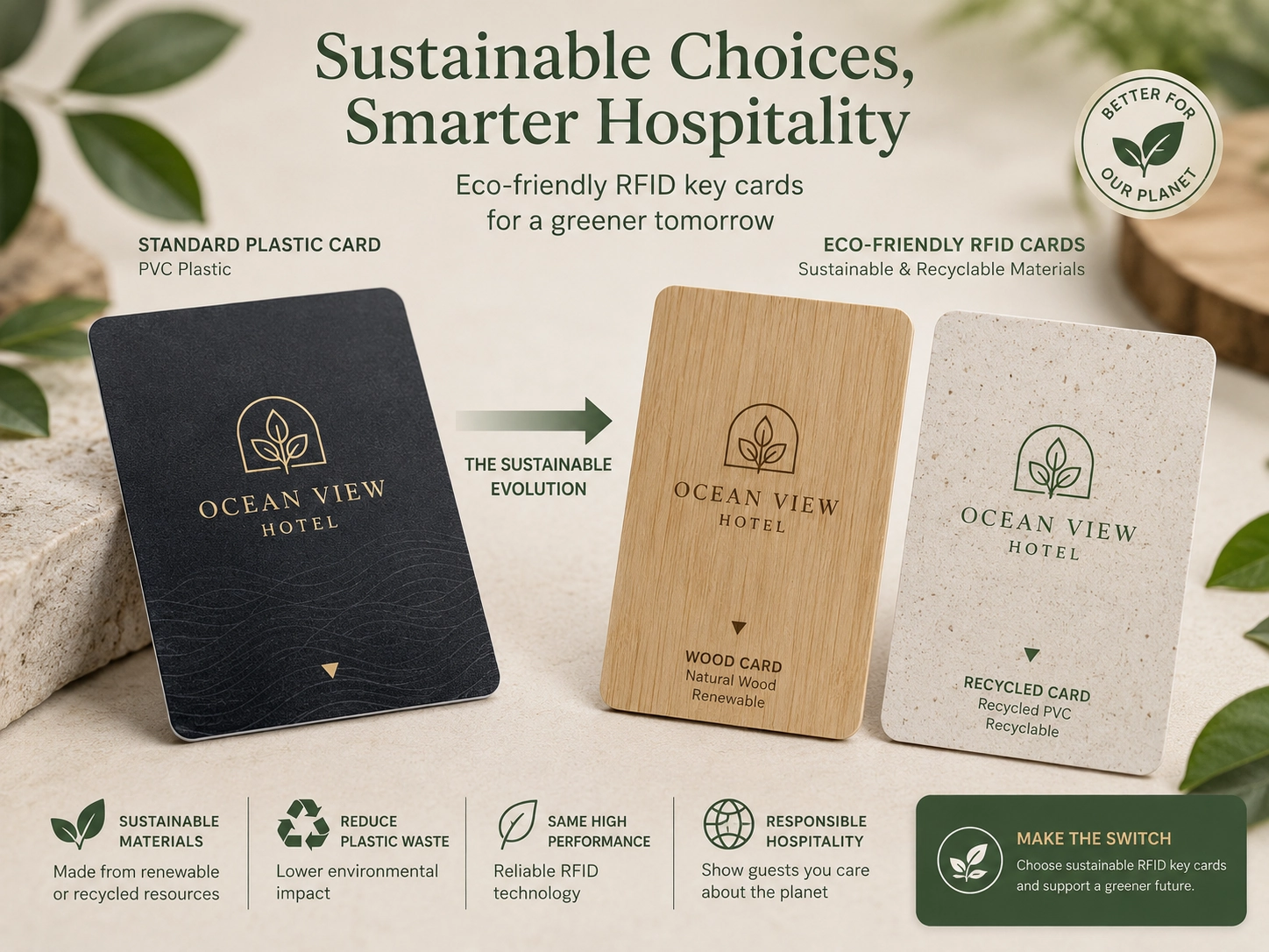 Sustainable wood and recycled RFID cards for hotels, highlighting the transition from standard plastic to eco-friendly, recyclable substrates in procurement. Sustainable wood and recycled RFID cards for hotels, highlighting the transition from standard plastic to eco-friendly, recyclable substrates in procurement.