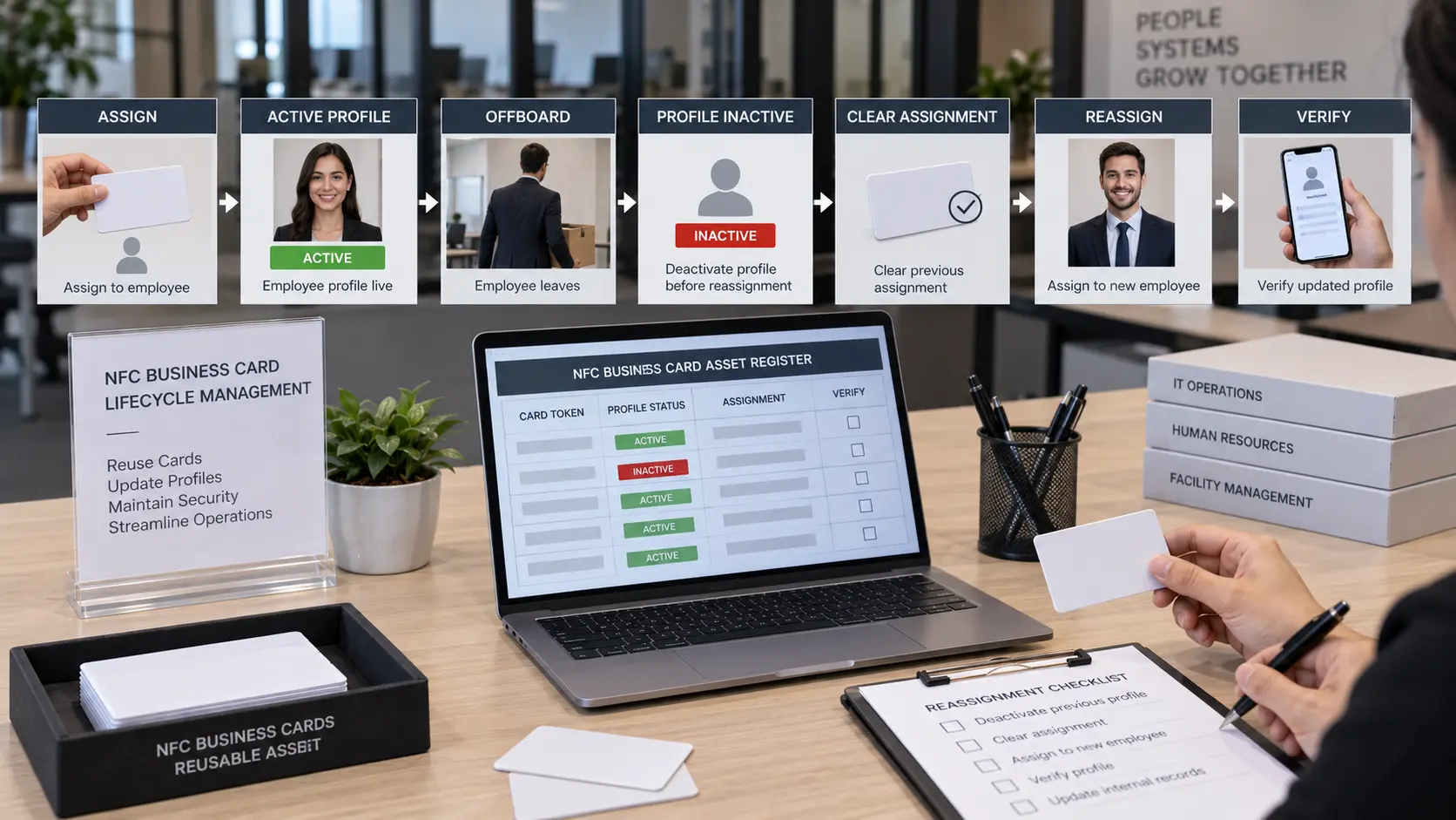 NFC business card lifecycle showing assignment, employee offboarding, profile deactivation and physical card reassignment. NFC business card lifecycle showing assignment, employee offboarding, profile deactivation and physical card reassignment.