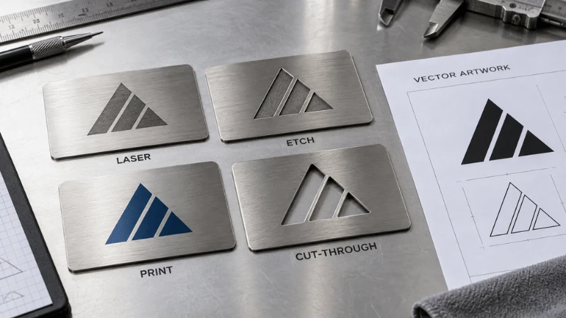 Comparison of laser engraving, etching, printing and cut-through processes on stainless steel business card samples. Comparison of laser engraving, etching, printing and cut-through processes on stainless steel business card samples.
