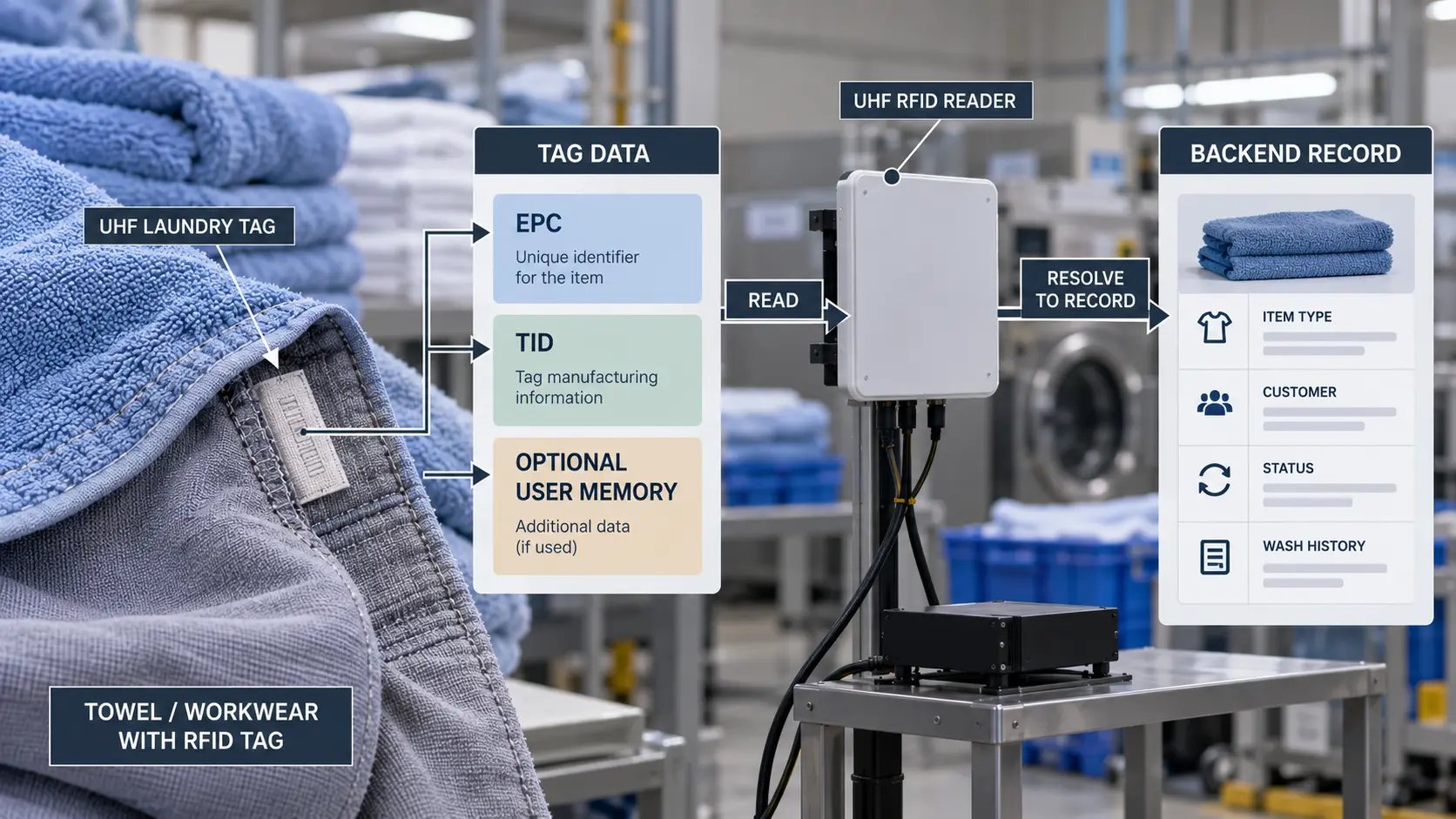 RFID laundry data architecture separating EPC, TID and optional User Memory from the backend linen record and wash history. RFID laundry data architecture separating EPC, TID and optional User Memory from the backend linen record and wash history.