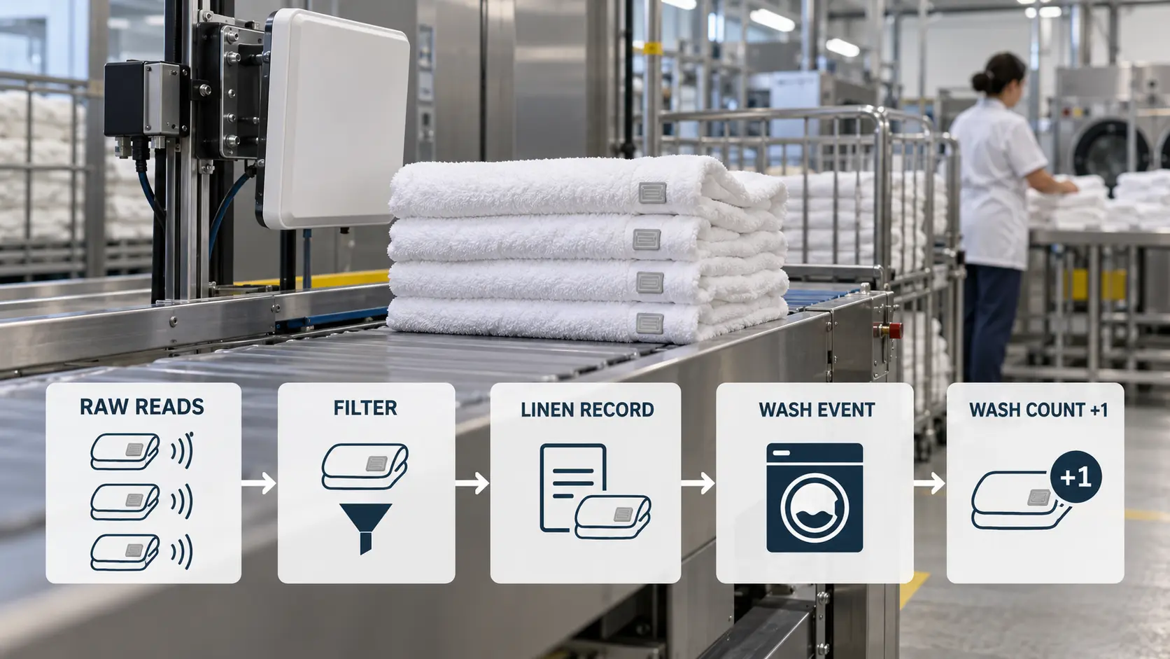 RFID laundry workflow filtering repeated tag reads into one qualified wash event before updating the backend wash count. RFID laundry workflow filtering repeated tag reads into one qualified wash event before updating the backend wash count.