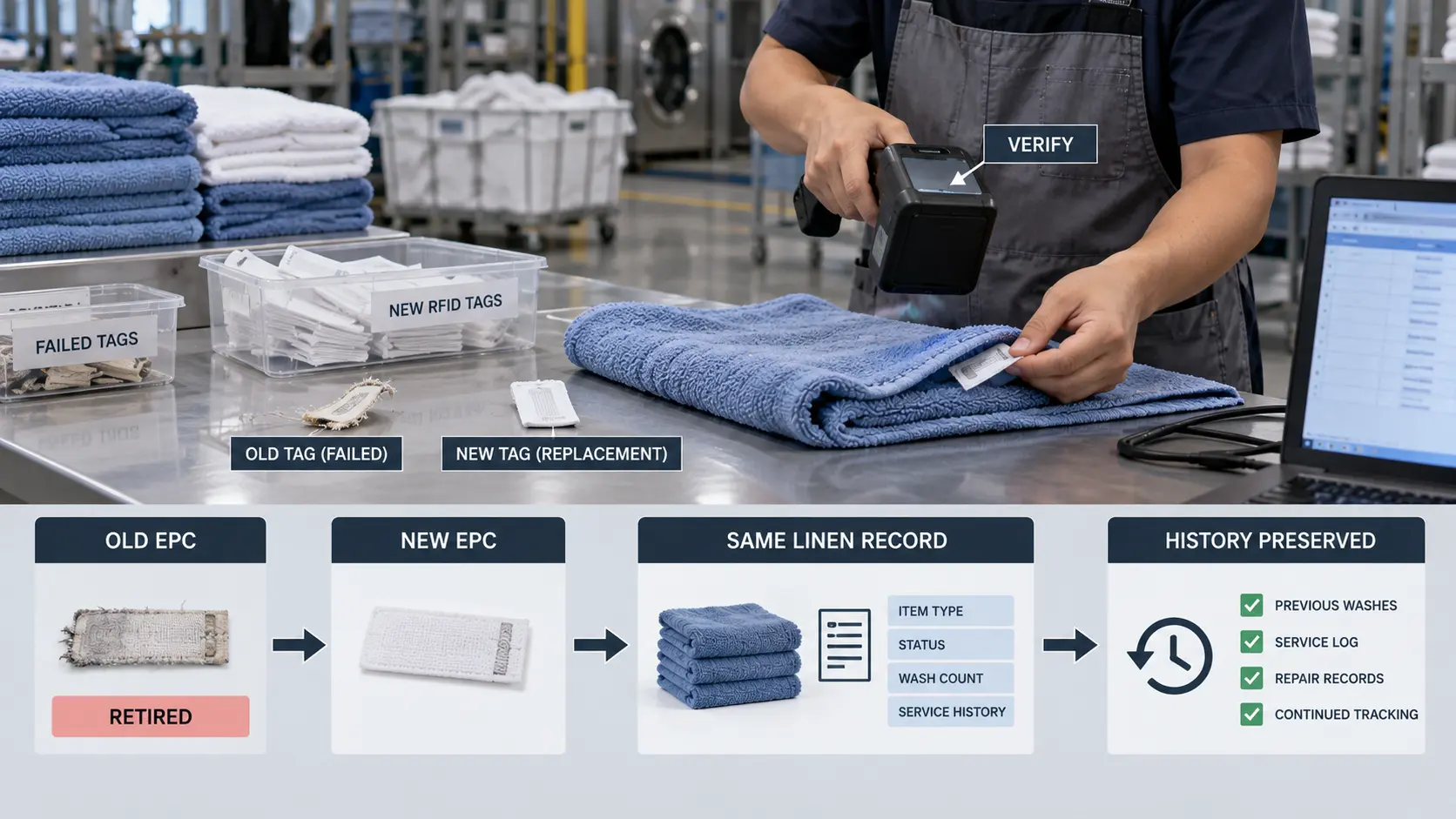 RFID laundry retagging workflow retiring an old EPC and assigning a new tag to the same linen record while preserving wash history. RFID laundry retagging workflow retiring an old EPC and assigning a new tag to the same linen record while preserving wash history.