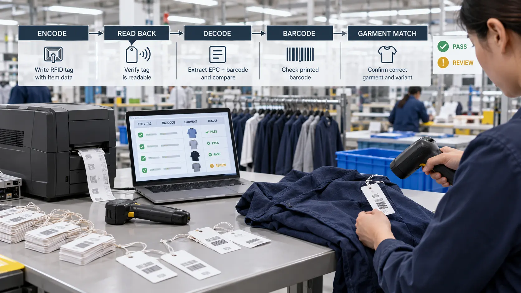 Apparel factory RFID source-tagging QC checking encoded EPC, barcode and physical garment match before labels are released. Apparel factory RFID source-tagging QC checking encoded EPC, barcode and physical garment match before labels are released.