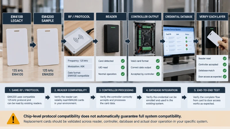 Layered compatibility checks for replacing EM4100 cards with EM4200 across protocol, reader, controller output and credential database. Layered compatibility checks for replacing EM4100 cards with EM4200 across protocol, reader, controller output and credential database.
