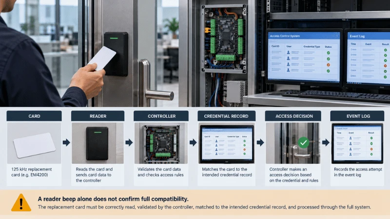 Full access-control validation chain from 125 kHz card and reader through controller, credential record, access decision and event log. Full access-control validation chain from 125 kHz card and reader through controller, credential record, access decision and event log.