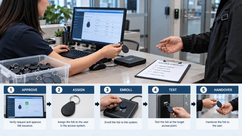 Facilities administrator issuing a generic RFID key fob with enrollment, access testing and a handover checklist. Facilities administrator issuing a generic RFID key fob with enrollment, access testing and a handover checklist.