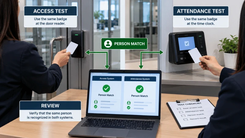 Facilities administrator testing the same RFID employee card at a door reader and a separate attendance terminal before rollout. Facilities administrator testing the same RFID employee card at a door reader and a separate attendance terminal before rollout.