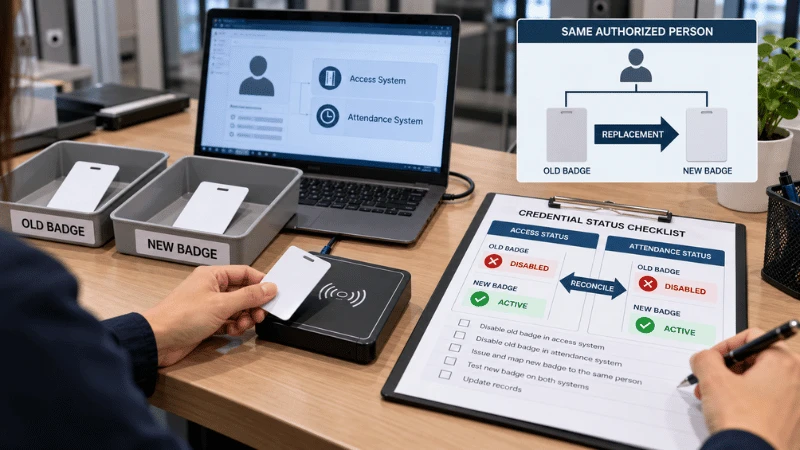 RFID badge replacement desk showing old and new cards and separate access and attendance status reconciliation. RFID badge replacement desk showing old and new cards and separate access and attendance status reconciliation.