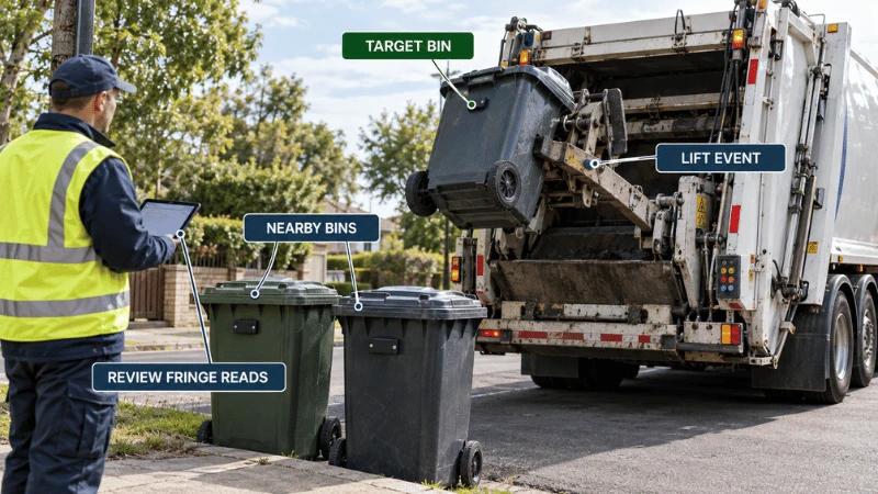 RFID waste-bin lift-cycle pilot showing one lifted bin and nearby uncollected bins used to check false collection reads. RFID waste-bin lift-cycle pilot showing one lifted bin and nearby uncollected bins used to check false collection reads.