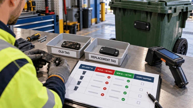 Maintenance workstation reconciling an old RFID waste-bin tag and replacement tag to the same bin asset record. Maintenance workstation reconciling an old RFID waste-bin tag and replacement tag to the same bin asset record.