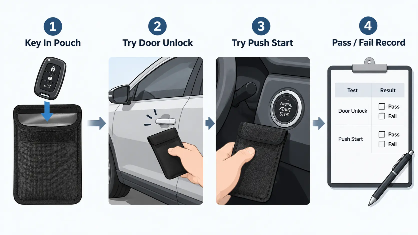 "Functional check sequence for Faraday key pouches using an unshielded control, closed pouch and recovery check" "Functional check sequence for Faraday key pouches using an unshielded control, closed pouch and recovery check"