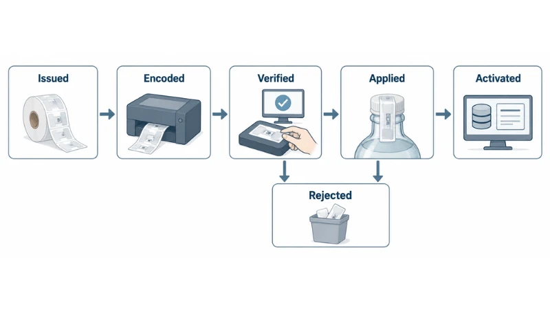 NFC label serialization states from issuance through bottle application and activation, with rejected labels separated. NFC label serialization states from issuance through bottle application and activation, with rejected labels separated.