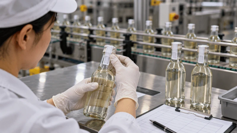 Inspector checking generic bottle-neck NFC seal placement and adhesion on sample packaging. Filename: nfc-bottle-seal-qa-inspection.webp Inspector checking generic bottle-neck NFC seal placement and adhesion on sample packaging. Filename: nfc-bottle-seal-qa-inspection.webp