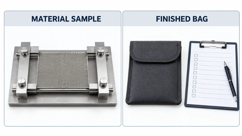Comparison between flat shielding material specimen testing and checking the complete closed blocking bag. Comparison between flat shielding material specimen testing and checking the complete closed blocking bag.