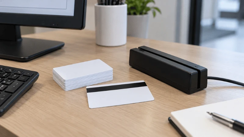 Unbranded PVC magnetic stripe card placed beside a conventional swipe card reader. Unbranded PVC magnetic stripe card placed beside a conventional swipe card reader.