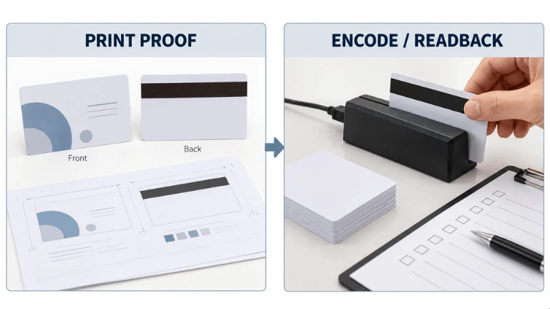 Separate print proof and magnetic stripe encode-readback approval stages. Separate print proof and magnetic stripe encode-readback approval stages.