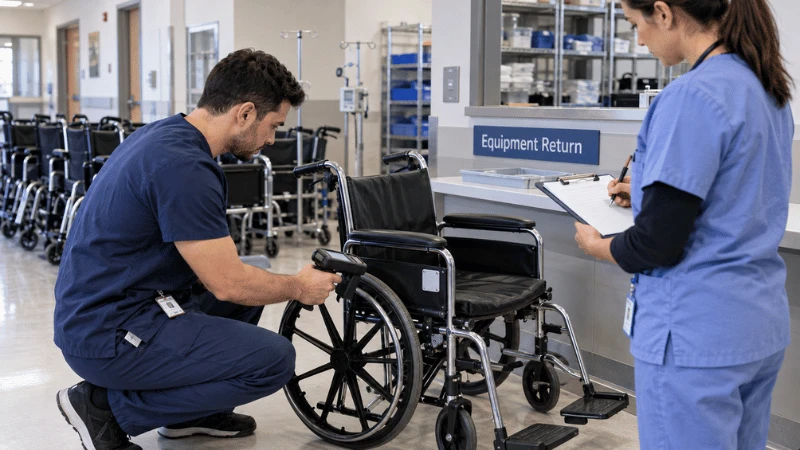 Illustrative equipment return handoff with RFID identity checking, not cleaning verification. Illustrative equipment return handoff with RFID identity checking, not cleaning verification.