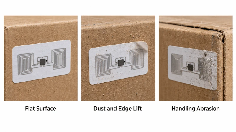 Comparison of correctly applied RFID label, dust-related edge lift, and abrasion damage on cartons. Comparison of correctly applied RFID label, dust-related edge lift, and abrasion damage on cartons.