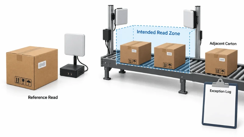 Diagram comparing single-carton reference reading with an operational UHF RFID warehouse read zone. Diagram comparing single-carton reference reading with an operational UHF RFID warehouse read zone.
