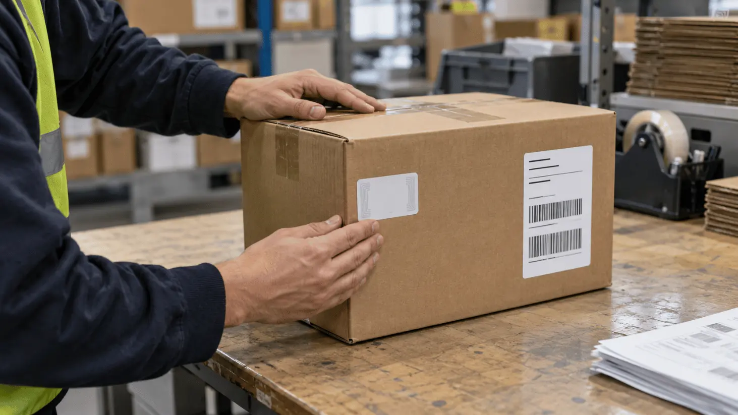 Generic UHF RFID adhesive sticker applied to a corrugated shipping carton at a packing station. Generic UHF RFID adhesive sticker applied to a corrugated shipping carton at a packing station.