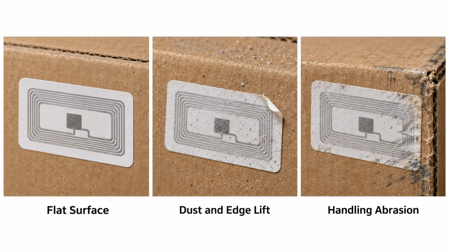 Comparison of correctly applied RFID label, dust-related edge lift, and abrasion damage on cartons. Comparison of correctly applied RFID label, dust-related edge lift, and abrasion damage on cartons.