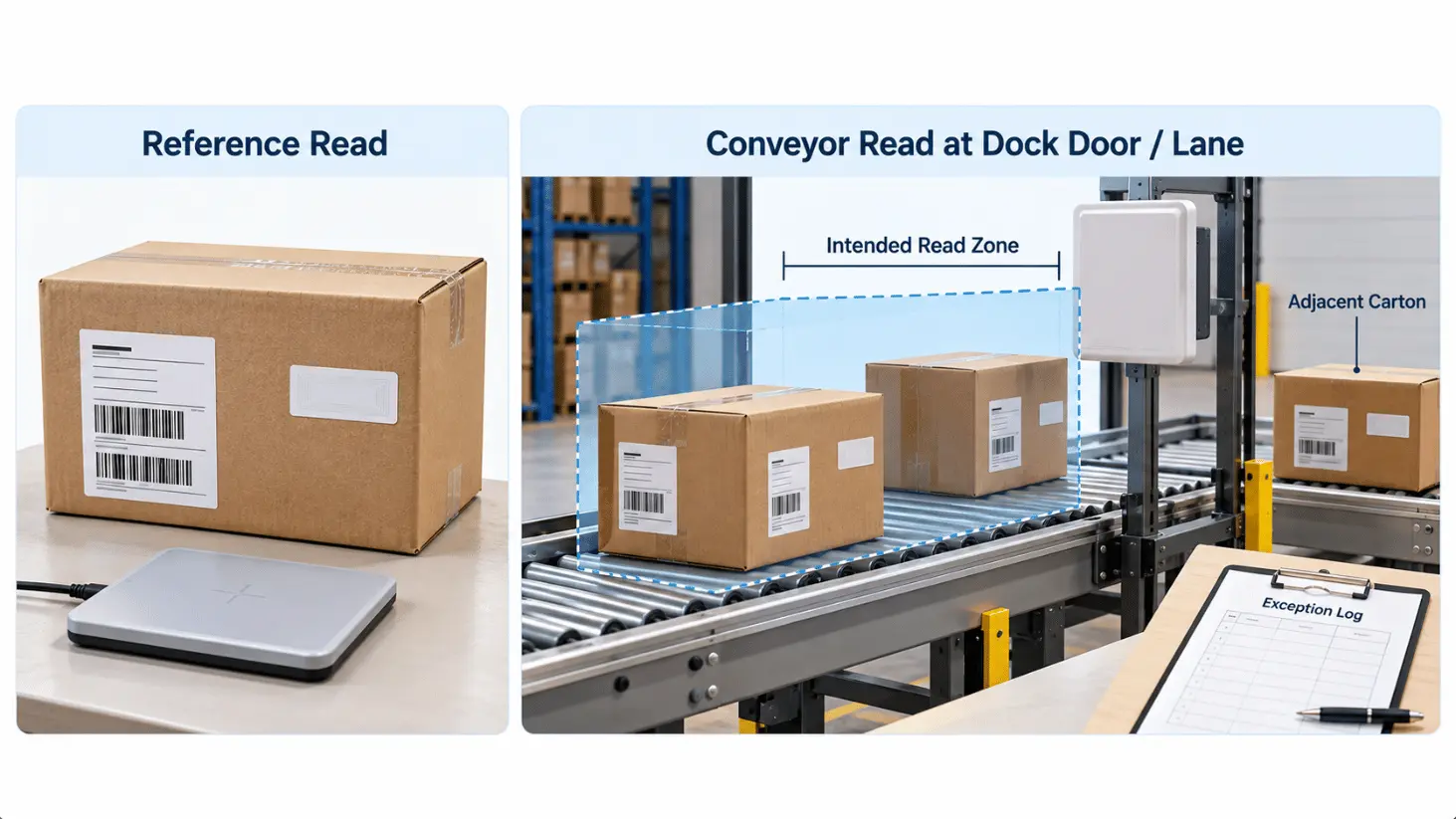 Diagram comparing single-carton reference reading with an operational UHF RFID warehouse read zone. Diagram comparing single-carton reference reading with an operational UHF RFID warehouse read zone.